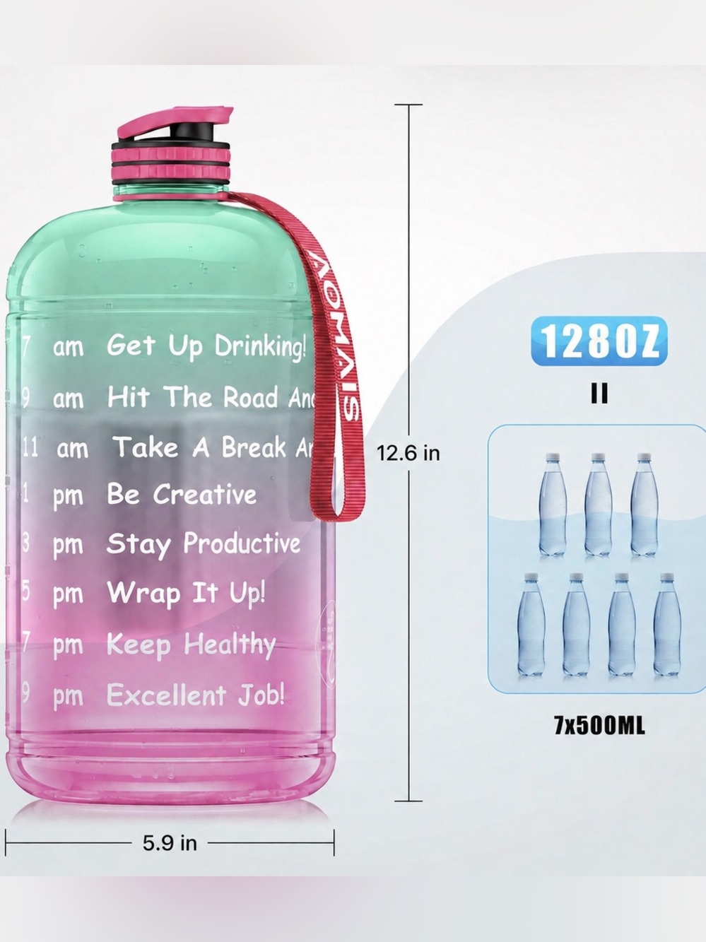 NEW AOMAIS Pink Green 1 Gallon Motivational Time Marker Water Bottle 128 oz. - Picture 3 of 5